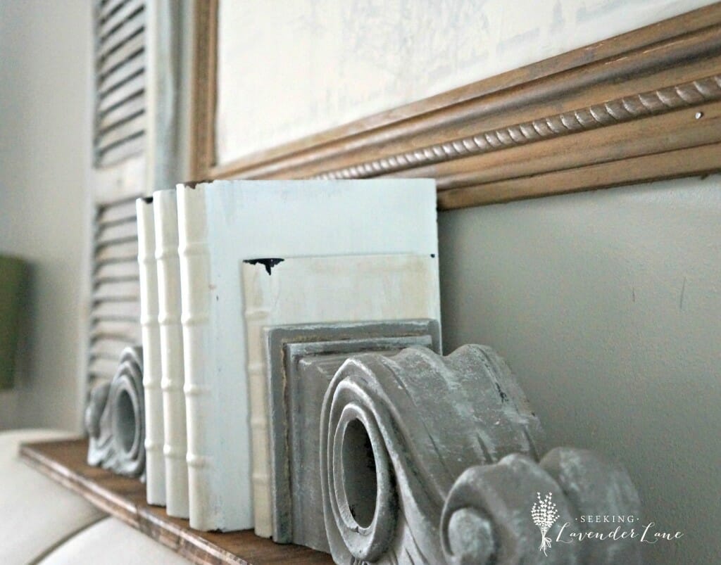 Distressed books and corbels