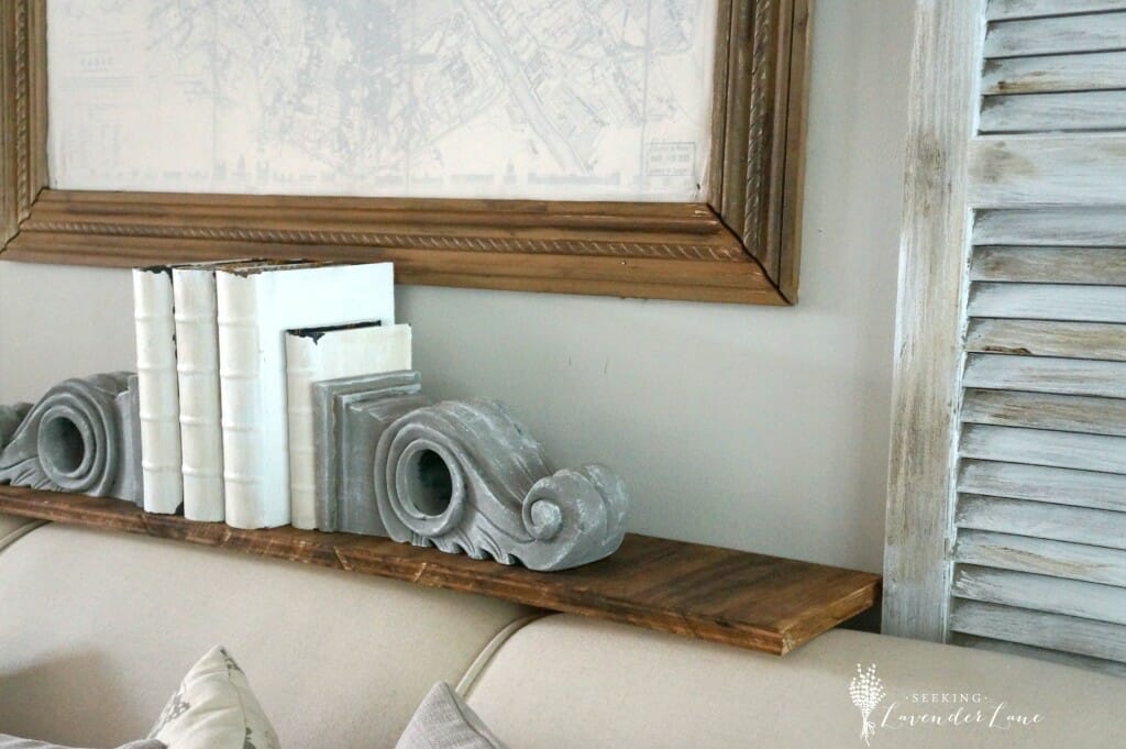 Rustic Shelf and Shutters above couch