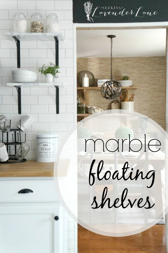 marble floating shelves with label