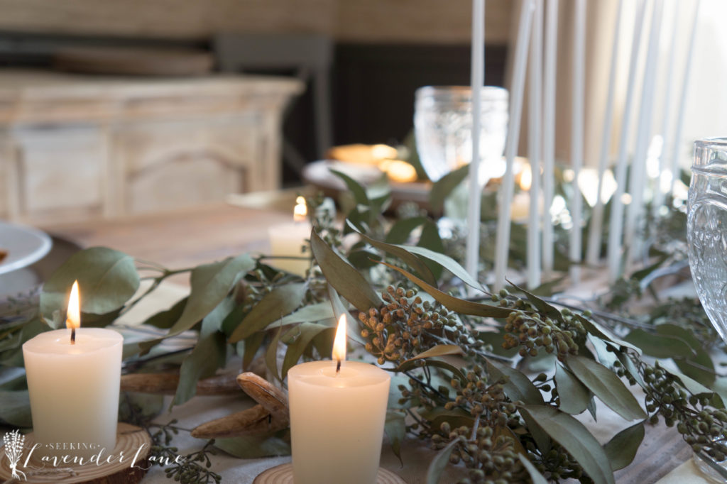 Neutral Thanksgiving Table with Seeded Eucalyptus Seeking Lavender Lane