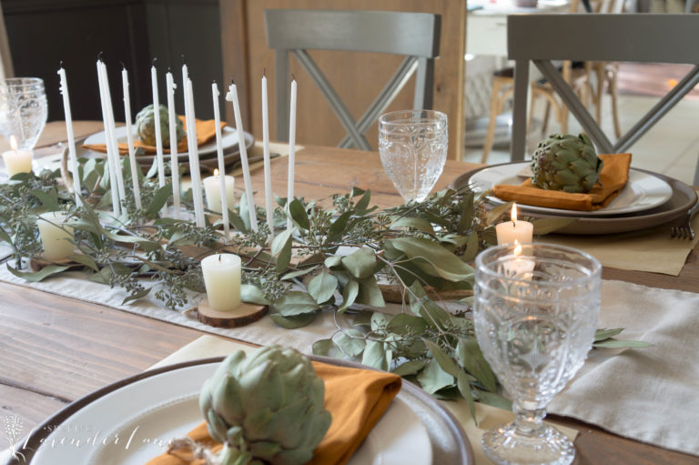 Neutral Thanksgiving Table with Seeded Eucalyptus Seeking Lavender Lane